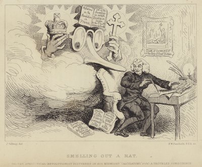Smelling out a Rat: Den walesiske filosofen, nonconformist predikanten och pamflettföraren Richard Price skräms av en gigantisk glasögonnäsa som föreställer Edmund Burke som fångar honom på jobbet omgiven av bevis på uppvigling mot kyrkan och staten av James (after) Gillray