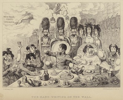 Handskriften på väggen: parodi på Belshazzars festmåltid föreställande Napoleon och hans fru Josephine av James (after) Gillray