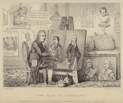 Two Pair of Portraits: anti-Whig-tecknad film som föreställer John Henry Tooke med porträtt av Charles James Fox som personifierar last och William Pitt den yngre som representerar dygd av James (after) Gillray