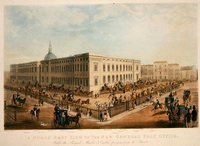 North East view of the New General Post Office (graverad av H. Pyall) (akvatint på papper) av James (after) Pollard