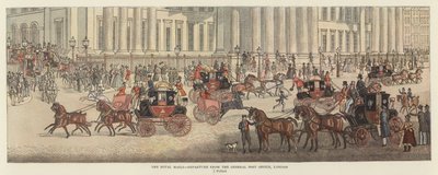 The Royal Mails - Avgång från General Post Office, London (färg litho) av James (after) Pollard
