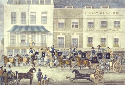 West Country Mail på Gloucester Coffee House, Piccadilly, graverad av C. Rosenberg (färgad litho) av James (after) Pollard