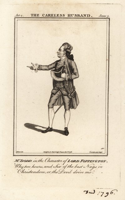 Mr James William Dodd i rollen som Lord Foppington i Colley Cibbers The Careless Husband, Drury Lane Theatre av James (after) Roberts