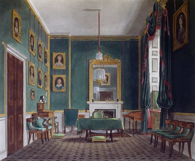 Grönt indragningsrum, Gravyr av Daniel Havell (1785-1826), Baserat på design av James Stephanoff (ca 1788-1874), Från The History of the Royal Residences av James (after) Stephanoff