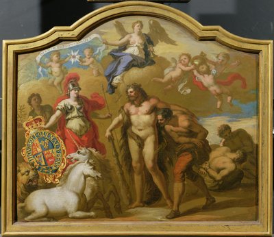 Allegory of the Power of Great Britain by Land, design för en dekorativ panel för George I:s ceremoniella tränare, ca 1718 (olja på panel) av James (attr. to) Thornhill