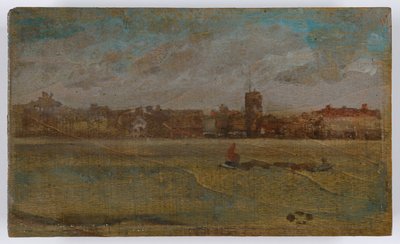 Harmoni i brunt och guld: Old Chelsea Church, troligen 1884 (olja på träpanel) av James Abbott McNeill Whistler