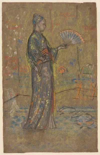 Japansk kvinna som målar en solfjäder recto, stående kvinna som håller upp sin klänning på baksidan, ca. 1872. av James Abbott McNeill Whistler