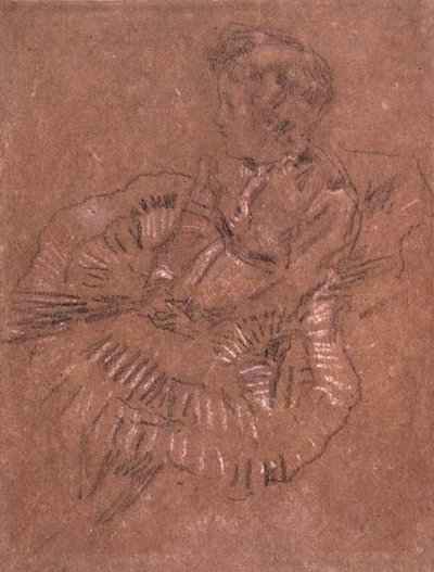 PD.67-1959 En sittande flicka i en stor kjol (A Study of Elinor Leyland) c.1870-80 (svartvit krita på brunt papper) av James Abbott McNeill Whistler