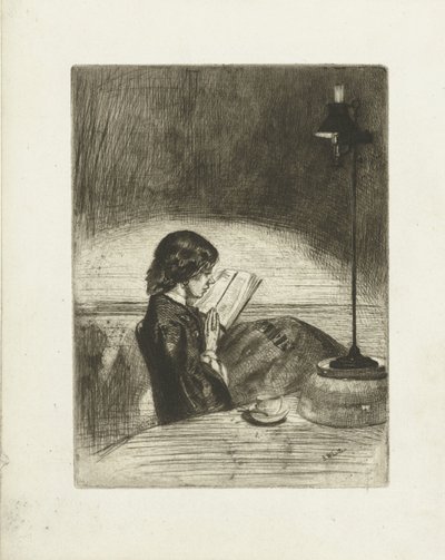 Porträtt av Deborah Delano läsning Läser med lampljus av James Abbott McNeill Whistler