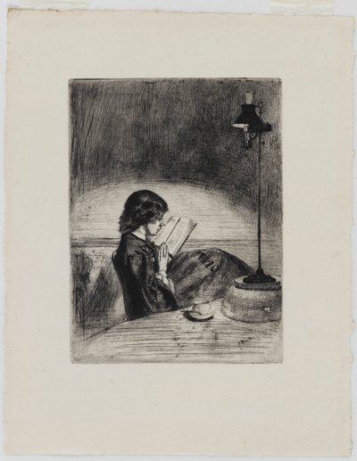 Läsning av Lamplight, 1858. av James Abbott McNeill Whistler