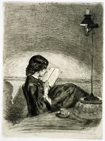 Läsning av Lamplight, 1858 av James Abbott McNeill Whistler