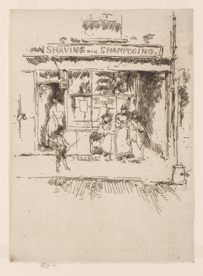 Rakning och schamponering, ca 1886-88 (etsning; bläck på papper) av James Abbott McNeill Whistler