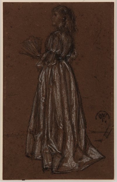 Stående figur med solfjäder, ca 1873/1876 (svartvit krita på brunt papper) av James Abbott McNeill Whistler
