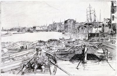 Vy över Themsen, över London Basin (England), år 1859, tillhör en serie gravyrer om Themsen, som belyser gemenskapen av sjöfartsarbetare i den engelska huvudstaden av James Abbott McNeill Whistler