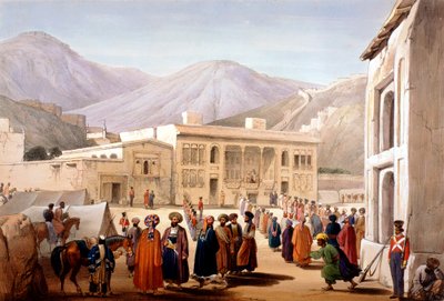 Shah Shoja, britternas marionett, håller en durbar i Kabul, första anglo-afghanska kriget, 1838-1842 av James Atkinson