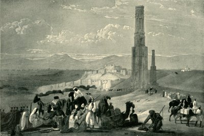 Fästningen och citadellet i Ghazni och de två minarerna, c1840, 1901. av James Atkinson