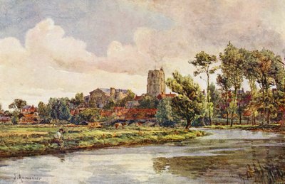 Waveney vid Beccles, med kyrkan St Michael (färglitografi) av James Aumonier