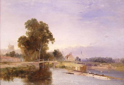 Pråm vid en sluss grind, Windsor beyond (olja) av James Baker Pyne
