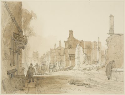 Ruinerna av Mansion House och Custom House på Queen Square efter upploppen (penna och akvarell på papper) av James Baker Pyne