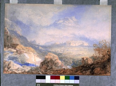 Rhônedalen med staden och citadellet i Sion, i Schweiz (akvarell och gouache på benvitt papper) av James Baker Pyne