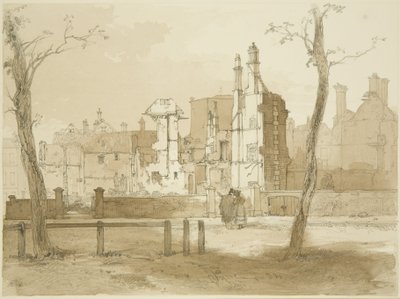 Västra sidan av Queen Square, efter upploppen (penna och akvarell på papper) av James Baker Pyne