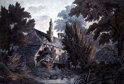 Landskap med hus vid en damm, 1800-tal av James Bourne