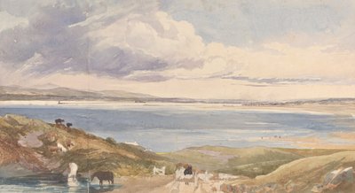 Landskap vid stranden med väg i förgrunden. av James Bulwer
