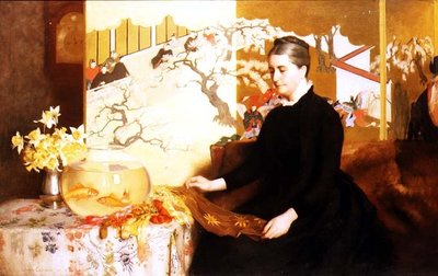 Dam med japansk skärm och guldfisk (porträtt av konstnärens mor) av James Cadenhead