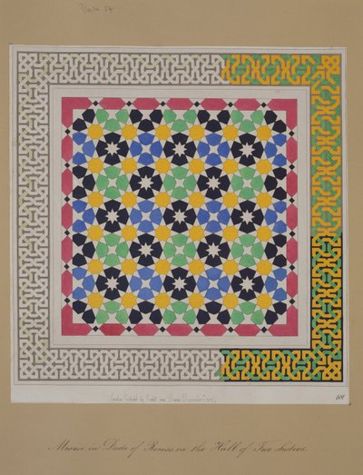 Mosaik i dado i en nisch i de två systrarnas sal, Alhambra, från "The Arabian Antiquities of Spain", publicerad 1812. av James Cavanagh Murphy
