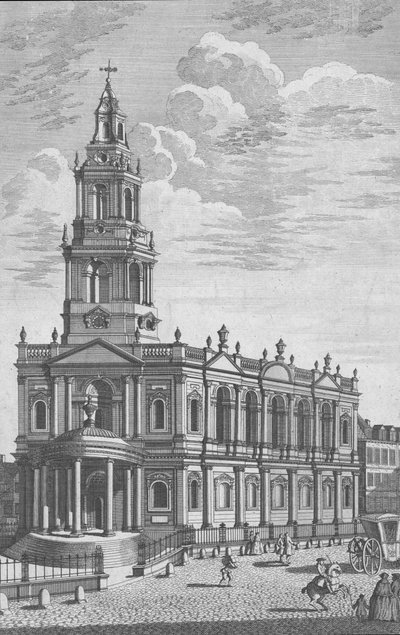 St Marys Church i Strand, London, mitten av 1700-talet av James Cole