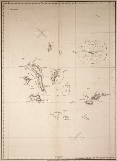 Karta över Galapagosöarna, uppmätt på handelsfartyget "Rattler" och ritad av kapten James Colnett, Royal Navy. Rättelser till 1832. av James Colnett