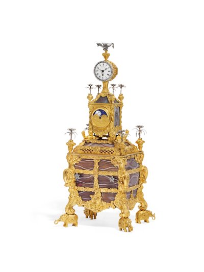 George III musikalisk urbordsur, ca 1766 (ormolu, silver och agat) (se även 1860) av James Cox