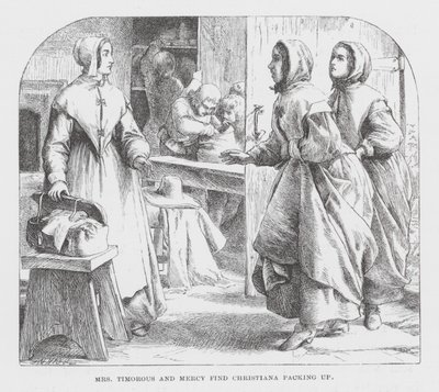 Mrs Timorous och Mercy hittar Christiana när hon packar (gravyr) av James Dawson Watson