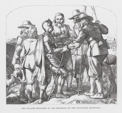 Pilgrimerna välkomnas av herdarna på de ljuvliga bergen (gravyr) av James Dawson Watson