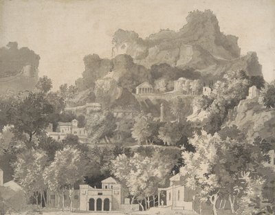 Stenigt landskap med klassiska byggnader, ca 1745 (penna och bläck med tvätt på papper) av James Deacon