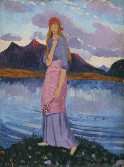 Flicka står vid en sjö (olja på pannå) av James Dickson Innes