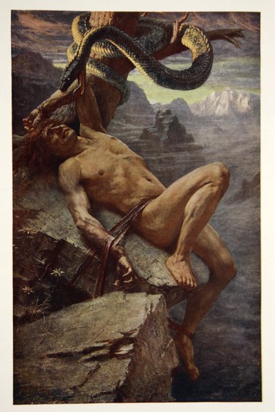 Bestraffning av Loke, frontispice från "Teutonic Myths and Legends" av Donald A. Makenzie av James Doyle Penrose