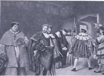 Avskedande av kardinal Wolsey av kung Henry VIII, från Cassells History of the British People publicerad av Waverley Book Company, ca 1950-talet av James Dromgole Linton