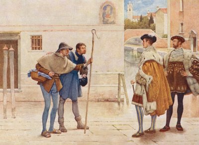 Shakespeares Köpmannen i Venedig: Bassanio, Lorenzo, Gamle Gobbo och Launcelot Gobbo (färglitografi) av James Dromgole Linton