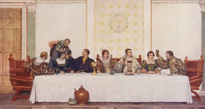 Shakespeares Köpmannen i Venedig: Lorenzo, Jessica, Antonio, Portia, Bassanio, Nerissa och Gratiano (färglitografi) av James Dromgole Linton