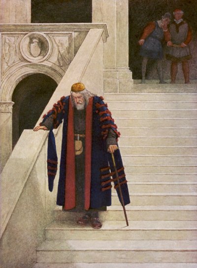 Shakespeares Köpmannen i Venedig: Shylock lämnar hertigpalatset (färglitografi) av James Dromgole Linton