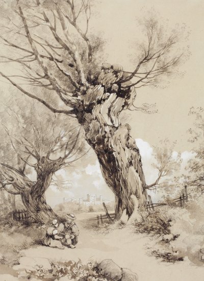 Landskap med figurer under hamlade träd av James Duffield Harding