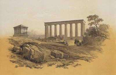 Nationalmonument, Calton Hill (chromolitho) av James Duffield Harding