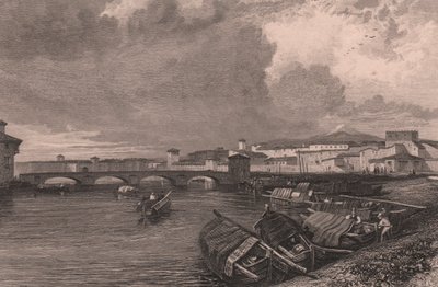Vy över floden Arno i Pisa, Toscana, Italien, stålstick av Thomas Higham (1796-1844) efter teckning av James Duffield Harding (1798-1863) av James Duffield Harding