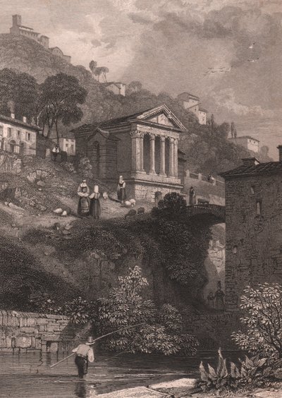 Vy över Clitumnus tempel längs floden Clitunno nära Campello sul Clitunno, Umbrien, Italien, stålstick av Jordan efter teckning av James Duffield Harding (1798-1863), cirka 10, 5x15 cm av James Duffield Harding