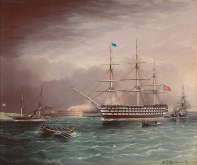 U.S.S. Pennsylvania under släp vid utbrottet av det amerikanska inbördeskriget med Fort Monroe i bakgrunden av James E. Buttersworth
