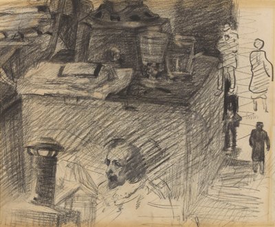 Hörn i ateljén med kaminfot, kista och figurer av James Ensor