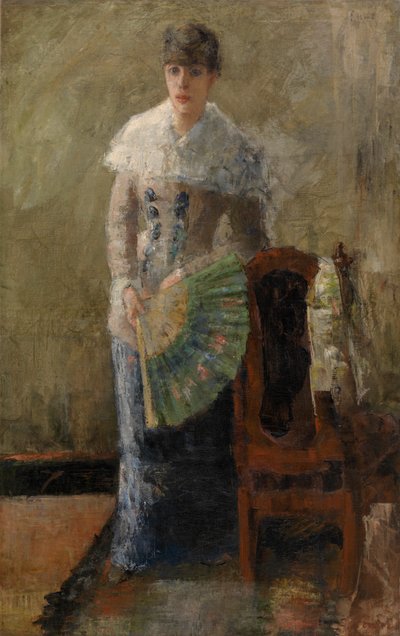 Dam med fläkt (olja på duk, monterad på panel) av James Ensor