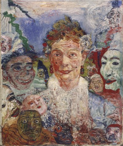 Gammal dam med masker, 1889 av James Ensor