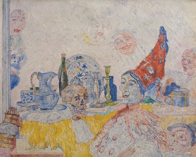 Pjerrot och skelett i en gul mantel av James Ensor